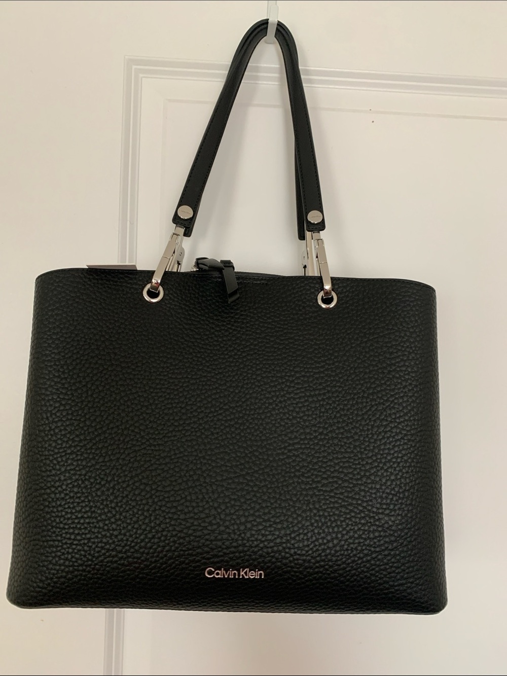 Calvin Klein Garnet Black Pebbled Leather Tote with Silver Accents